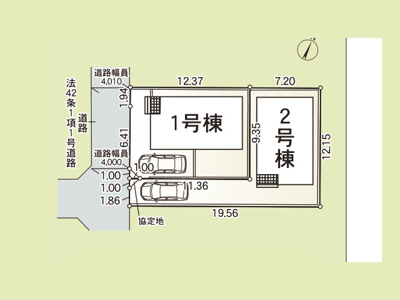 【土地図】 | 御園新築戸建 | 図面の数字は敷地の各辺の長さ（m）、太線は道路に接する部分です。建物の配置や駐車スペースの目安がわかります。方位や隣地との関係は現地でご案内します。※図面と現況が異なる場合は現況優先。