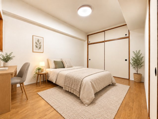 朝日プラザシティ八尾南2番館の洋室|居室には豊富な収納を完備し、自由度の高い家具の配置が叶うシンプルな空間です。お子様の成長と共に必要になる子供部屋にぴったりの間取りですね。※CGにより家財等を削除しております。