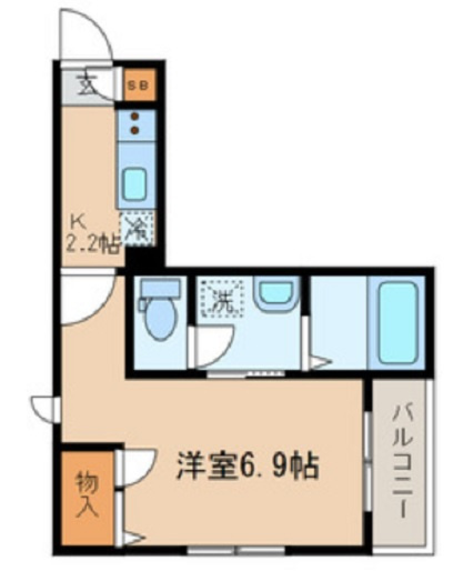 ネージュ西糀谷の間取り|東向きバルコニー南東角部屋2面採光の1K
洋室6.9帖バストイレ別独立洗面台！