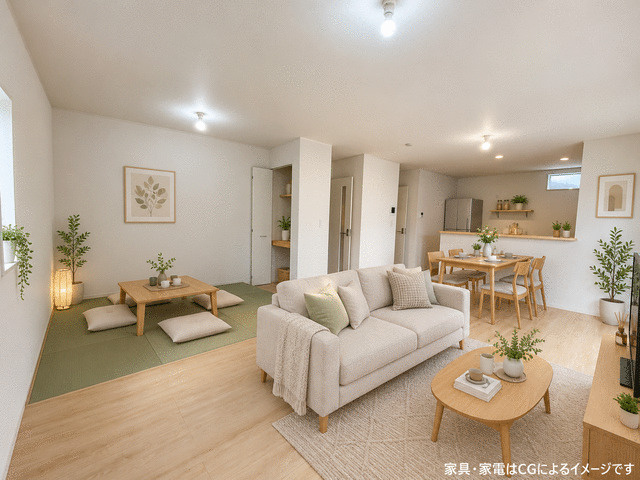 駿東郡清水町伏見の新築一戸建の居間・リビング|明るく清潔感のあるＬＤＫ。北欧風やモダンなど好みの家具を合わせて楽しめます。※家具家電等はCGです