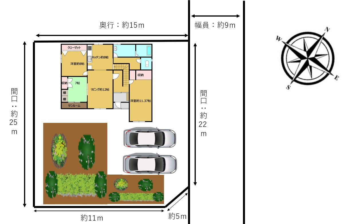 網走市向陽ヶ丘５丁目９番１号　中古売家の区画図|【区画図】庭を整地し、駐車場を拡張しました。並列2台駐車可能です。