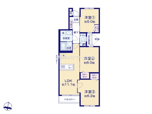 練馬区氷川台4丁目　グランヴィル氷川台　ペット可×新規リフォームマンションの間取り|3LDK　専有面積61.90m2