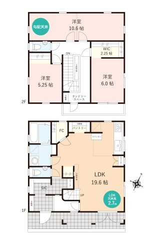 川越市大字下赤坂の中古一戸建の間取り|LDKは19.6帖＆天井高2.7mの大空間！
2階には家族構成やライフスタイルに合わせて2部屋にも変更可能なフレキシブルルームがあります。