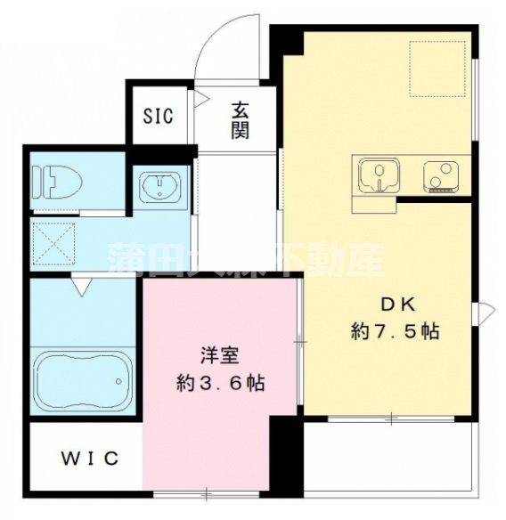 グランデプラノの間取り|西向きバルコニー南西角部屋の1DK！コンパクトな1LDKのような間取り！
カウンターキッチンとウォークインクローゼットの1DK　