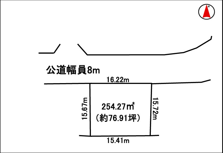 西寺方町　売地の土地図|区画図です。
北側公道約6mに約16m接道しております。
約76坪、整形地でございます。