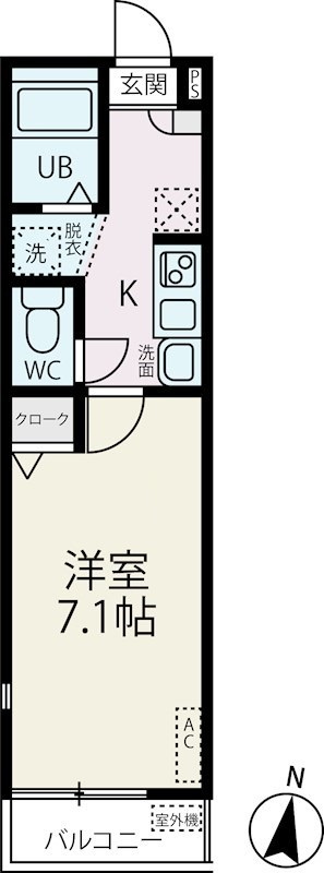 サザンコートイーストの間取り|間取り　南向きバルコニー南西角部屋の1K洋室7.1帖バストイレ別独立洗面台