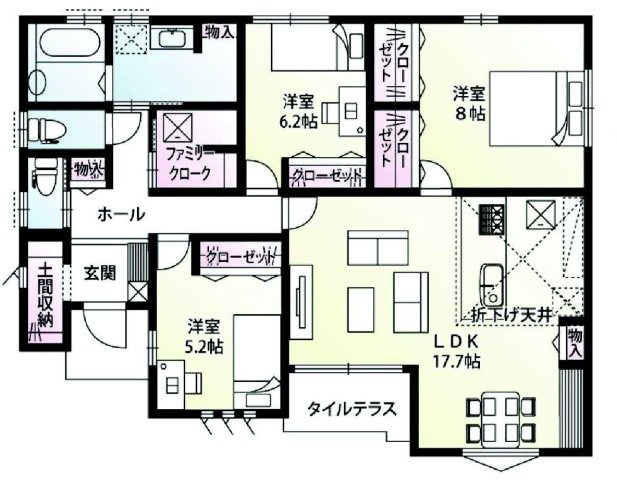 前橋市広瀬町2丁目「1区画」（平屋）　新築住宅の間取り|収納充実♪南西向きの3LDKで陽当たり良好な間取りです！
土地面積222.18㎡、建物面積92.33㎡で十分な広さです！