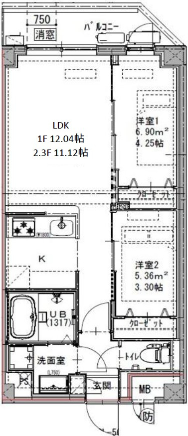 足立区西加平２丁目の賃貸マンションの間取り