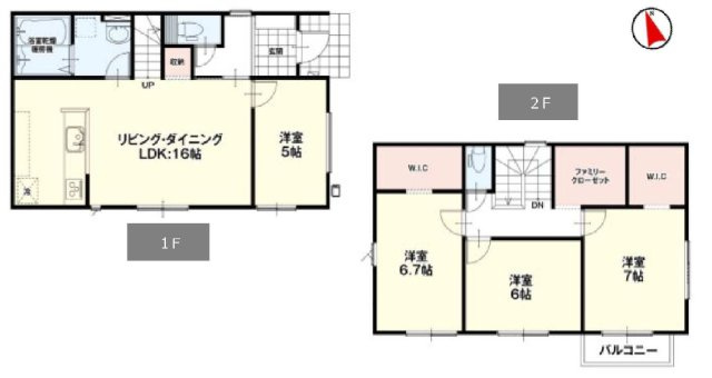 新築　伊勢崎市西久保町1期　１号棟の間取り|建物面積102.68㎡　全居室南向きで日当たり良好！ファミリークロゼット・ウォークインクローゼット・各部屋収納付きで便利です！日当たりの良いバルコニーは気持ちよくお洗濯物が干せます！