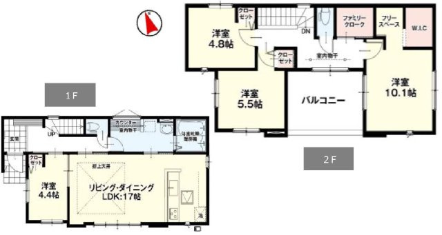 新築　伊勢崎市西久保町1期　2号棟の間取り|建物面積102.68㎡　ファミリークローク・フリースペース・ウォークインクローゼット・各部屋収納付きで便利です！インナーバルコニーなので突然の雨でもお洗濯物も安心です♪
