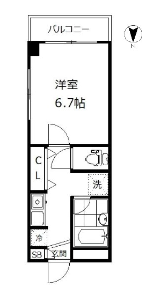 殿山IVYの間取り|南向きバルコニー南東角部屋2面採光の1Kバストイレ別