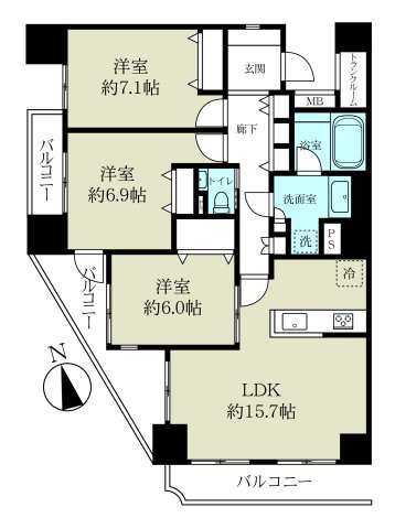 ダイアパレス片平大手門の間取り|開放感ある西南角住戸　独立した3洋室　玄関脇のトランクルームも便利