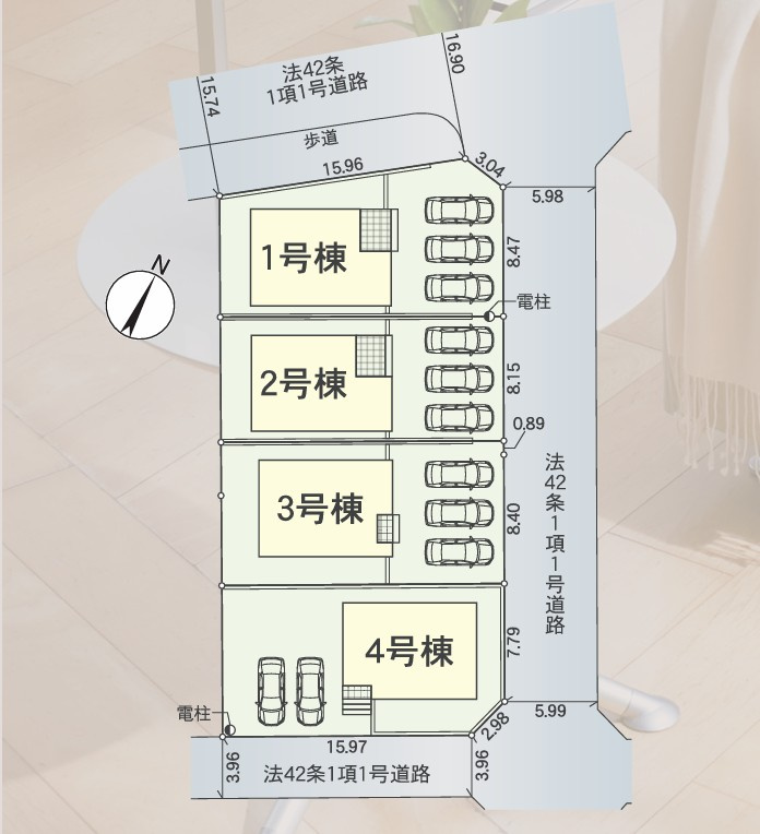 クレイドルガーデンさぬき市志度第２の区画図|全体区画図
各棟、駐車場スペースは３台以上のゆったりとした区画で広い敷地にゆったりとした配置です。