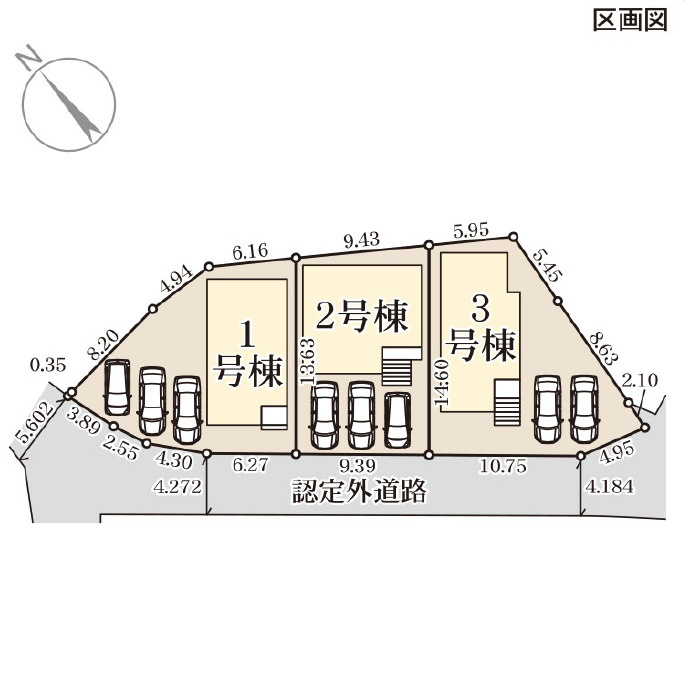 リーブルガーデン金武町金武・１号棟の区画図|区画図／接道状況：南西側4.1ｍ町道