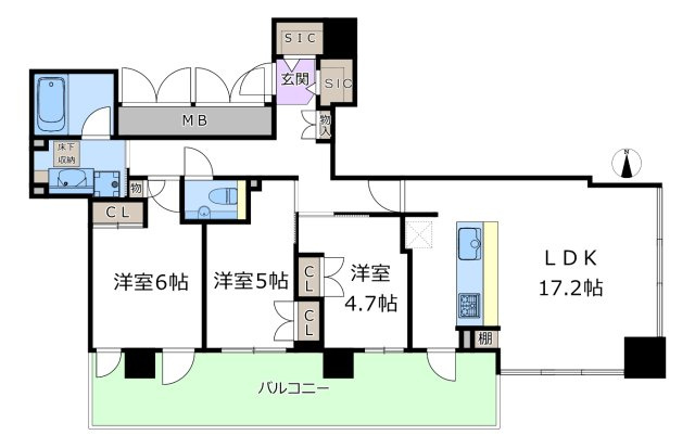【間取り】 | ピアッツァタワー上本町EAST | ～3つのこだわりポイント～
1. 水回りを広く、2階に洗濯機置き場を。生活導線を向上させました。
2. 豊富な収納スペース。
3. 各居室5帖以上確保。ゆとりある空間に。