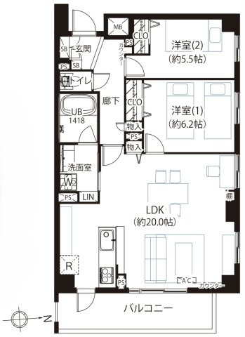 コフレ都立家政の間取り|2LDK 専有面積69.50m2 バルコニー面積8.85m2