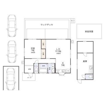 廿日市市大野字鴉ケ岡別荘の間取り|５５．０６㎡（約１６．６６坪）の１ＬＤＫの平家、コンパクトでありながらくつろげる空間です。