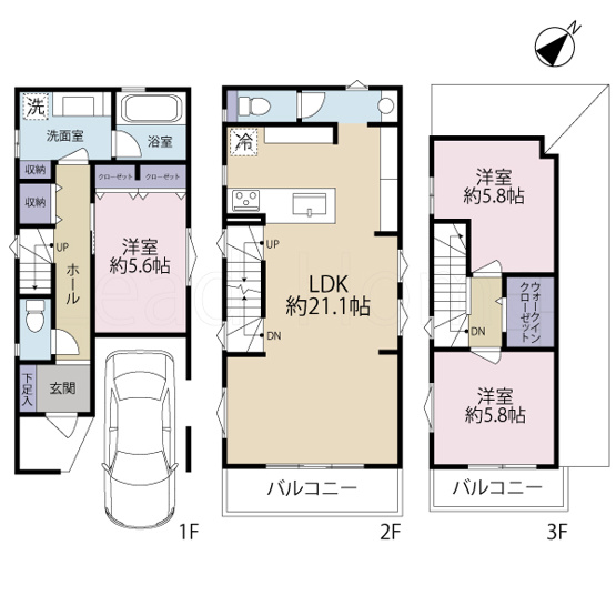 【参考プラン】 | 目黒区洗足1丁目 | 建物参考プラン（3階建3LDK＋P、延床108.46㎡、参考価格3280万円）
