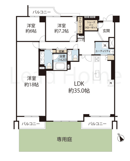 【間取り】 | コスモリヴェール世田谷弦巻Ⅱ | 約35帖の広々LDKと専用庭を備えたゆとりの間取りです。各居室の独立性も高く快適に暮らせます！