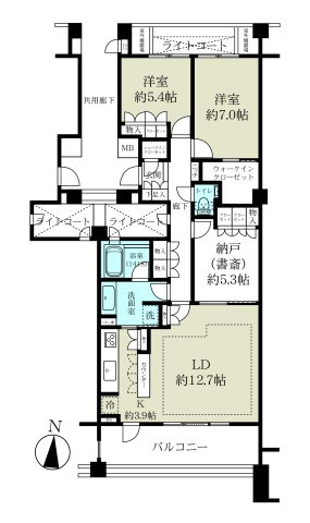 ランドワーフ練馬中村橋セレーヌコートの間取り|2LDK＋DENのゆったり85.17㎡。南向きで日当たり、眺望良好です。ライトコートもあり、お風呂、