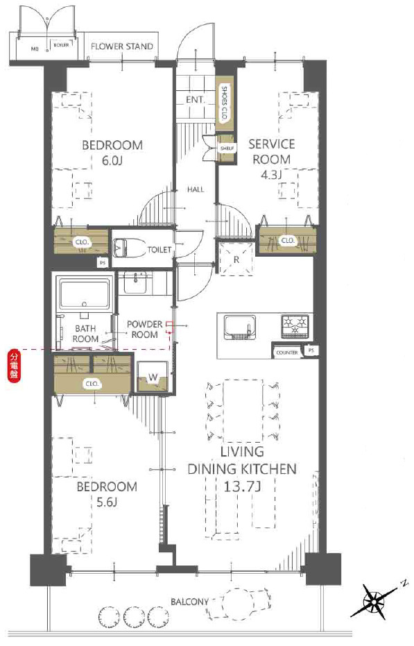 ダイアパレス相模原中央の間取り|2LDK+S（納戸）、価格2590万円、専有面積64.9m²、バルコニー面積7.08m²