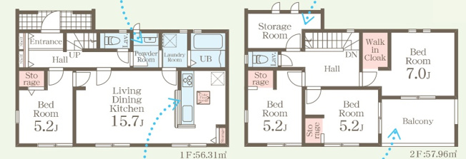 【間取り】 | 高崎市箕郷町上芝　新築住宅 | LDK15.7畳と全居室5畳超のゆとりある4LDK！独立したランドリールームや、豊富な収納に加え、2階には大容量のウォークインクロゼットや便利なストレージルームを備え快適な暮らしを叶えます。