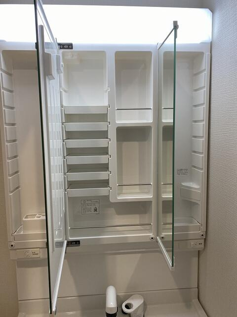 沼津市高尾台の新築一戸建の洗面所|歯ブラシや化粧品、整髪料をすっきりしまえる鏡裏収納。家族それぞれの洗面用品も整理しやすく便利。