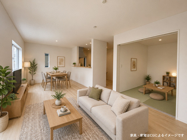 沼津市高尾台の新築一戸建の居間・リビング|明るく清潔感のあるＬＤＫ。北欧風やモダンなど好みの家具を合わせて楽しめます。※家具家電等はCGです