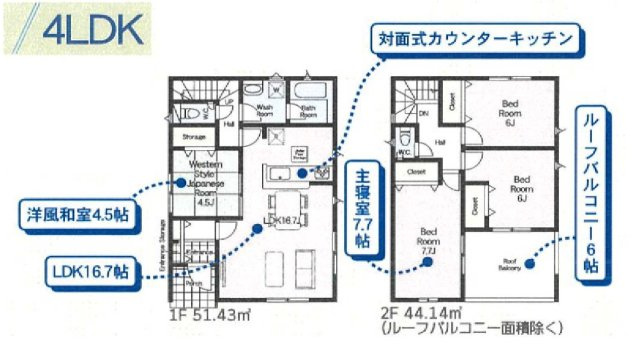 新築　太田市市場町第8　クレイドルガーデン　1号棟の間取り|建物面積95.57㎡　ウォークインクローゼット・各部屋収納付きで便利です！インナーバルコニーなので突然の雨でもお洗濯物も安心です♪
