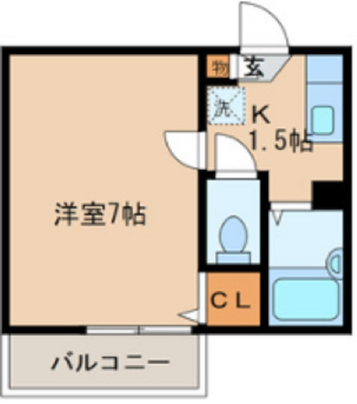 ディアグレース大森の間取り|東向きバルコニー洋室7帖の1Kバストイレ別