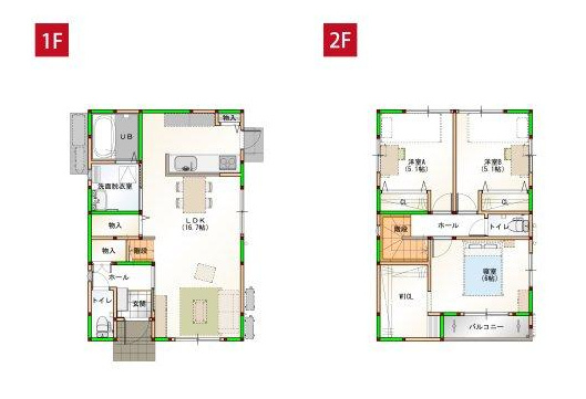 高知市高須東町 ② 新築戸建ての間取り|無駄のない効率的な空間利用により、実用性と住み心地を両立した間取り構成です。家族が顔を合わせやすいリビング階段や対面キッチン、全室収納など、日々の生活をより便利で豊かにする工夫が詰まっています。