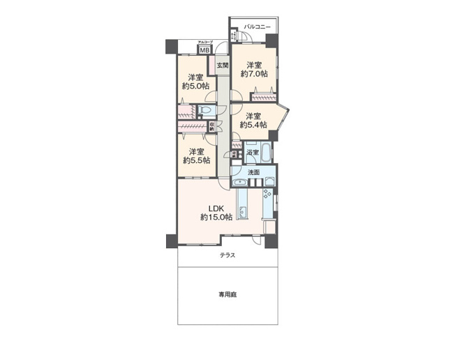 【間取り】 | フォルスコート保谷　(保谷店) | 27.88ｍ2の広々とした専用庭とテラス付き4LDK。角部屋かつ1階部分ですので周囲への音の影響が少なく、のびのび過ごしやすいです。※図面を基に作成しています。現況と異なる場合は現況を優先いたします。