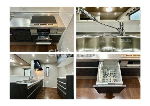 墨田区東向島6丁目中古住宅のキッチン|【システムキッチン】ワイドで収納豊富な使い勝手の良いカウンターキッチンには、食洗器・伸縮タイプのキッチン水栓、IHクッキングヒーター・魚焼きグリルなどの便利な設備が標準完備されています。