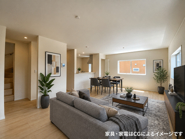 三島市青木の新築一戸建の居間・リビング|明るく清潔感のあるＬＤＫ。北欧風やモダンなど好みの家具を合わせて楽しめます。※家具家電等はCGです