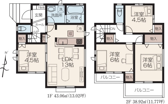 川越市上野田町　3LDK+カースペース付き　新築戸建ての間取り