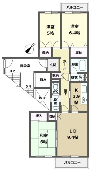 ベルコリーヌ南大沢５ー７街区　２号棟の間取り|～南東向き3LDK　最上階の住戸につき陽当たり・眺望・風通し良好です～