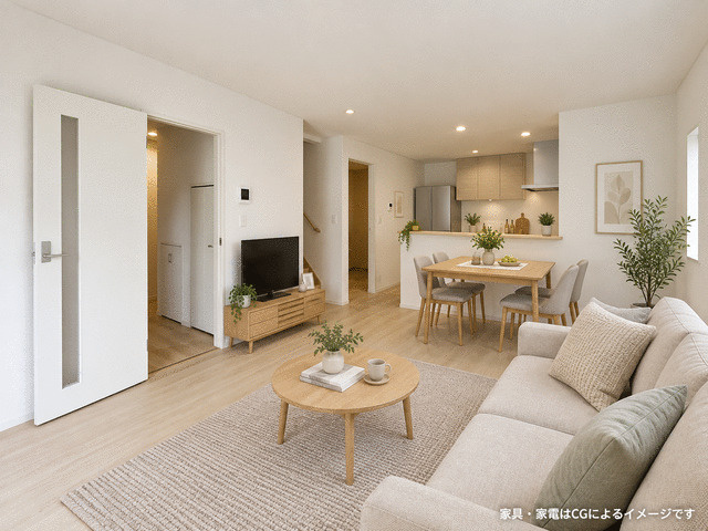 駿東郡清水町徳倉の新築一戸建の居間・リビング|明るく清潔感のあるＬＤＫ。北欧風やモダンなど好みの家具を合わせて楽しめます。※家具家電はCGです