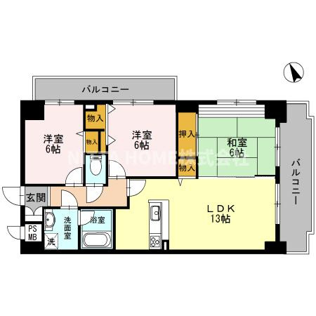 エール豊岡の間取り|床暖房付きの３ＬＤＫ♪２面バルコニーにエアコン２台付きです★