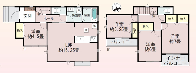 【間取り】 | 高崎市並榎町　新築住宅 | LDK約16.25畳の広々とした空間に加え、全居室収納や各階トイレを備えた機能的な4LDKです。インナーバルコニーを含む2つのバルコニーがあり、快適でゆとりある暮らしを実現します。