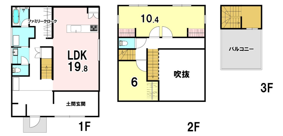 野口町水足　中古戸建の間取り|オシャレな土間玄関は広々としていて使い勝手もよく開放感にあふれる空間を演出します！
2階10.4帖の洋室は簡易工事で2部屋に変更可能。
屋上バルコニーではBBQも楽しめますね♪