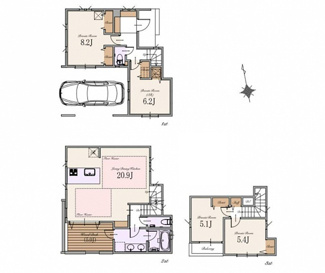 【間取り】 | 【現地内覧会】中野区上高田1丁目　新築戸建　12990万円 | LDK約２１帖から繋がる南向きウッドデッキのある 陽当たりの良い4LDK。
リビングフロアに水廻りを集約した 家事動線の良い間取りプランです。