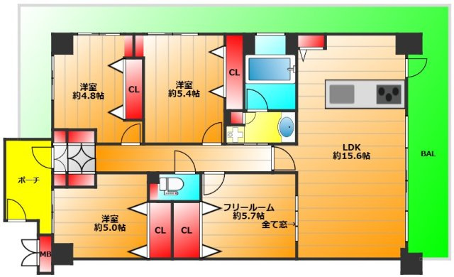 【間取り】 | フェルティパーク平野イーストアベニュー | 現状有姿　84.36㎡　30㎡超えのバルコニー！