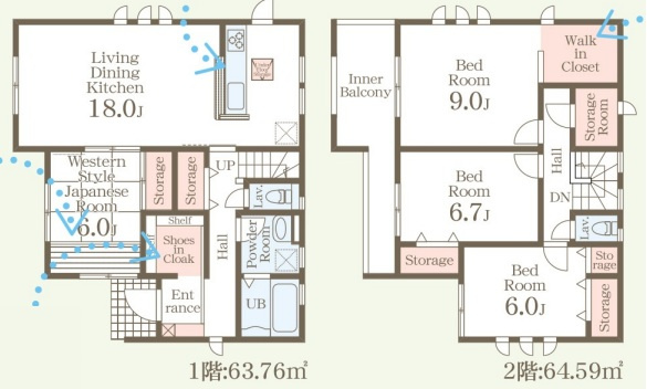 【間取り】 | 藤岡市立石　新築住宅 | 18.0畳の広々としたLDKに、客間としても重宝する和室が隣接しています。シューズインクロークやWIC、各所の収納に加え、インナーバルコニーを備えた機能的な間取りです。
