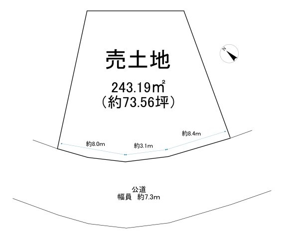 守山市金森町　建築条件無し売土地の土地図|土地面積243.19㎡（約73.56坪）。南西側公道に約19.5m接道、前面道路幅員約7.3m。ゆとりを活かした建築計画を。