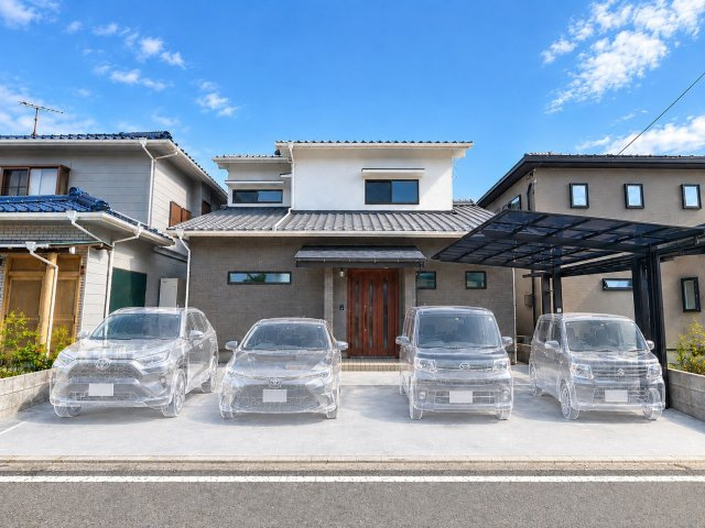 吉藤2丁目　リノベーション住宅のその他|外構のＡＩイメージ画像です。駐車はゆとりの並列３台。最大で４台可能です。