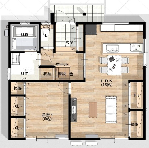 吉藤2丁目　リノベーション住宅の間取り|１階の間取図です。玄関、リビング、居室、洗面に収納を配置し、すっきりと暮らせるようリノベーションしました。