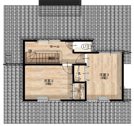 吉藤2丁目　リノベーション住宅の間取り|2階の間取図です。南面からの日差しがどちらの部屋も明るくしてくれます。