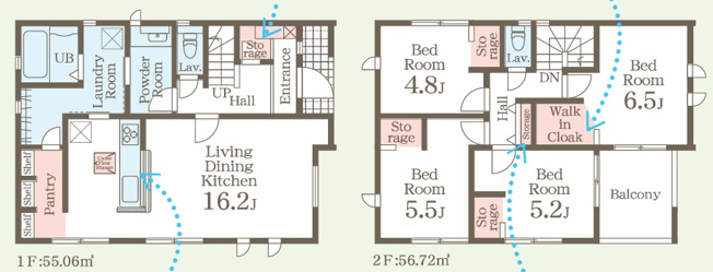 【間取り】 | 高崎市箕郷町上芝　新築住宅 | LDK約16.2畳の開放的な空間に、大容量のパントリーや床下収納を備えた収納充実の間取りです。独立したランドリールームや各階トイレなど、家事効率と快適性を高める設備が揃っています。