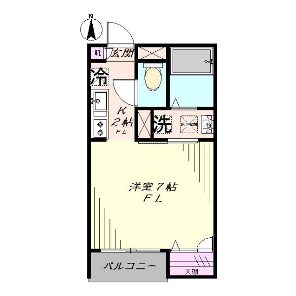 WINGⅡの間取り|間取り　南向きバルコニーの1Kバストイレ別独立洗面台！