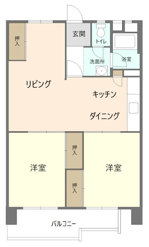 西一社第二団地101号棟西の間取り|2LDK・専有面積58.32㎡（壁芯）。押入3か所で収納も充実しています。